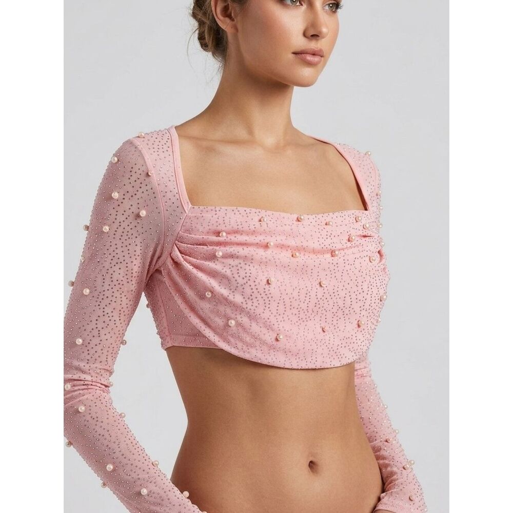 Brand New Pearl Embellished Mesh Crop Top - Soft Pink (Size S)